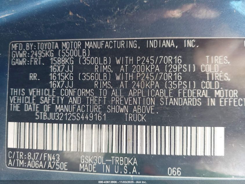 2005 Toyota Tundra VIN: 5TBJU32125S449161 Lot: 43613906