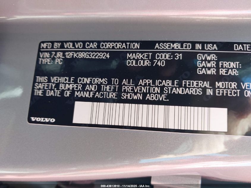 2024 Volvo S60 B5 Core Dark Theme VIN: 7JRL12FK8RG322924 Lot: 43613910