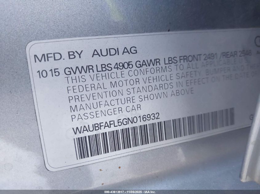 2016 Audi A4 2.0T Premium VIN: WAUBFAFL5GN016932 Lot: 43613917
