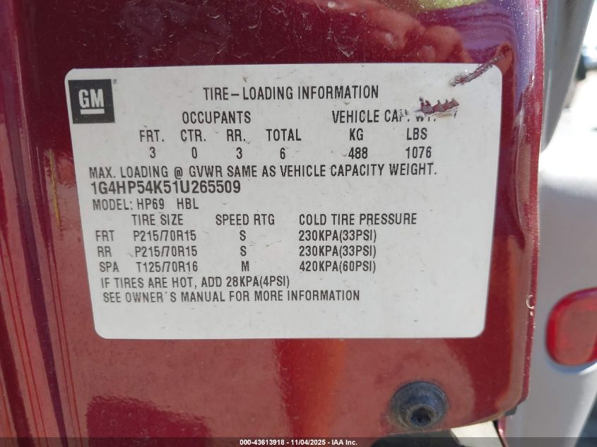 2001 Buick Lesabre Custom VIN: 1G4HP54K51U265509 Lot: 43613918