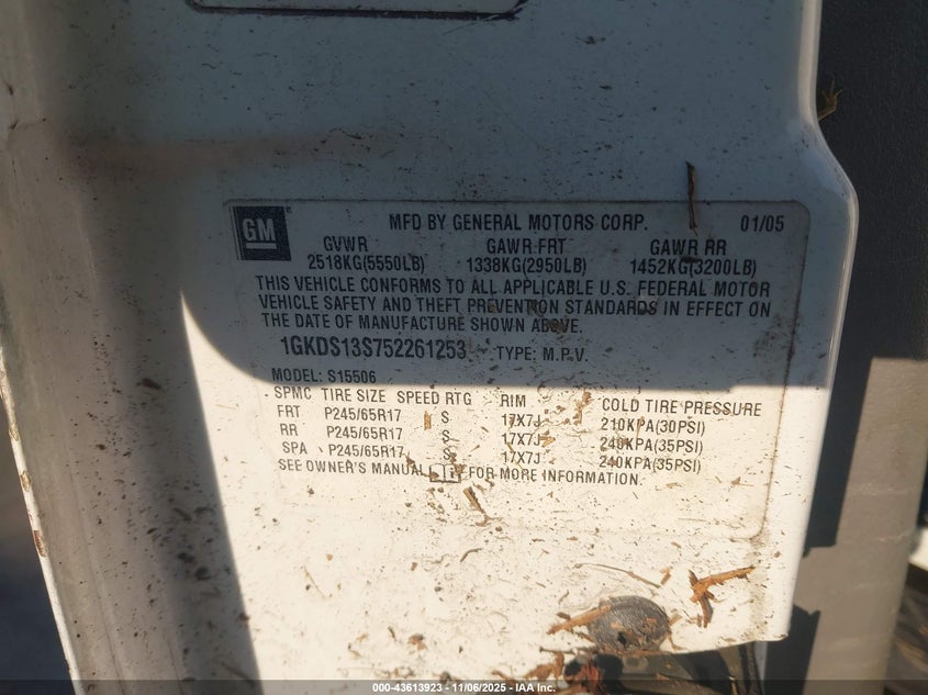 2005 GMC Envoy Slt VIN: 1GKDS13S752261253 Lot: 43613923