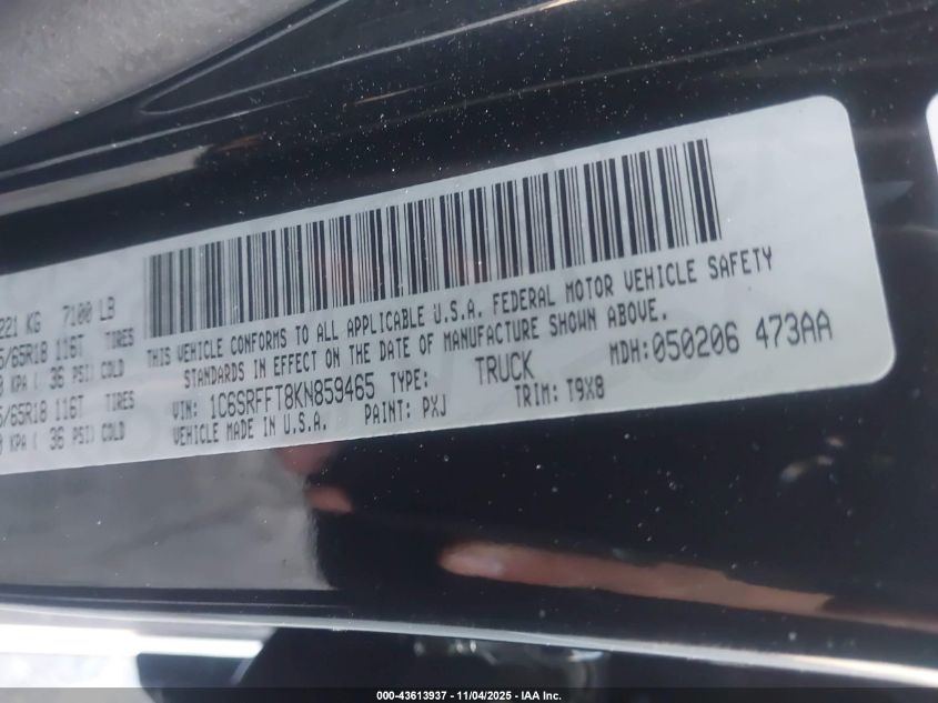 2019 Ram 1500 VIN: 1C6SRFFT3KNA59465 Lot: 43613937