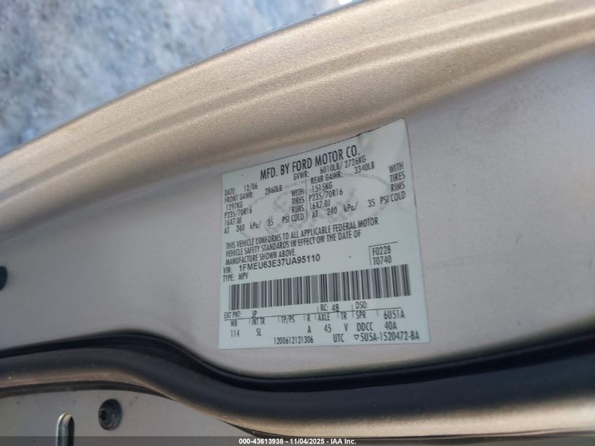 2007 Ford Explorer Xlt VIN: 1FMEU63E37UA95110 Lot: 43613938