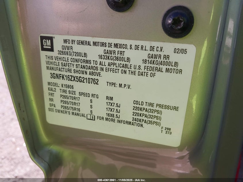 2005 Chevrolet Suburban 1500 Lt VIN: 3GNFK16ZX5G210762 Lot: 43613961