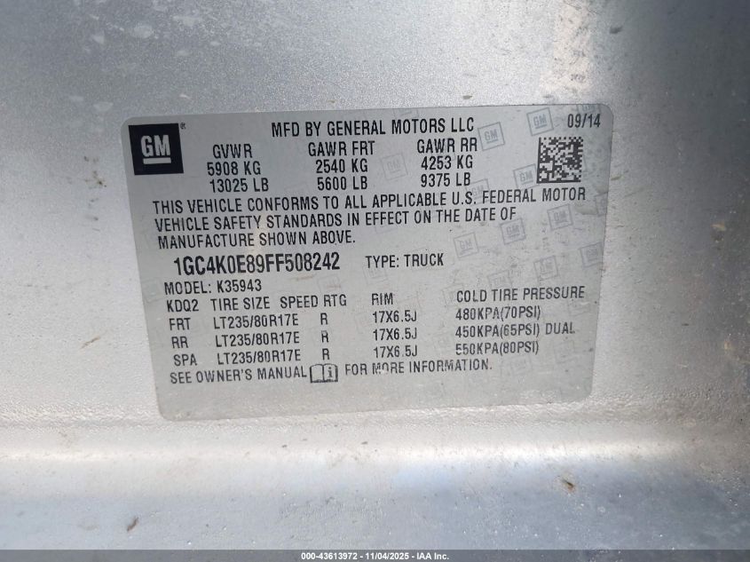 2015 Chevrolet Silverado 3500Hd Ltz VIN: 1GC4K0E89FF508242 Lot: 43613972