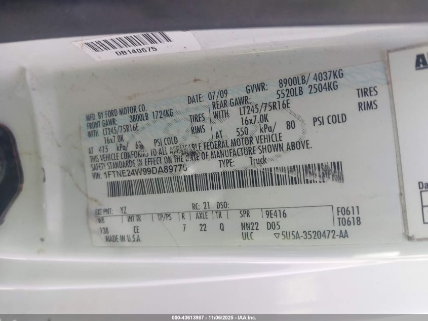 2009 Ford E-250 Commercial/Recreational VIN: 1FTNE24W99DA89770 Lot: 43613987