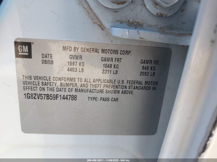 2009 Saturn Aura Xr VIN: 1G8ZV57B59F144788 Lot: 43614011