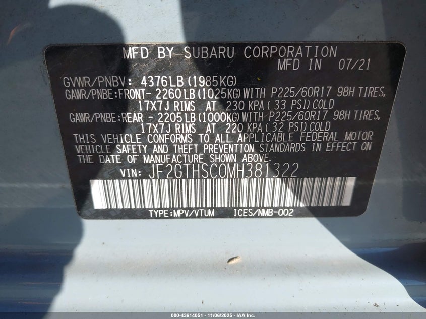 JF2GTHSC0MH381322 2021 SUBARU XV photo no. 9
