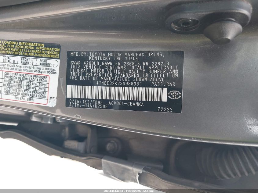 2005 Toyota Camry Le VIN: 4T1BE32K25U988081 Lot: 43614063