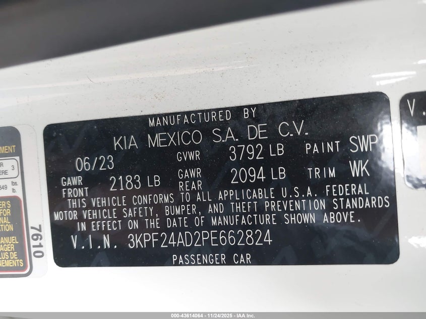 2023 Kia Forte Lxs VIN: 3KPF24AD2PE662824 Lot: 43614064