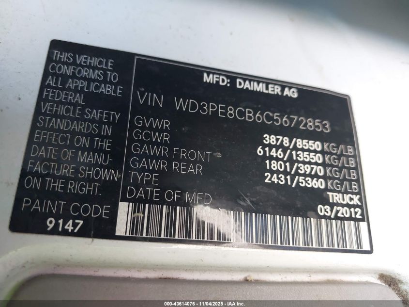 2012 Mercedes-Benz Sprinter 2500 High Roof VIN: WD3PE8CB6C5672853 Lot: 43614076