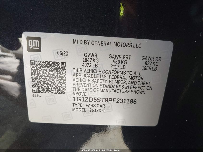 2023 Chevrolet Malibu Fwd 1Lt VIN: 1G1ZD5ST9PF231186 Lot: 43614099