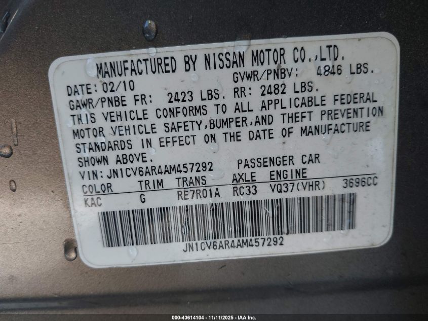 2010 Infiniti G37X VIN: JN1CV6AR4AM457292 Lot: 43614104