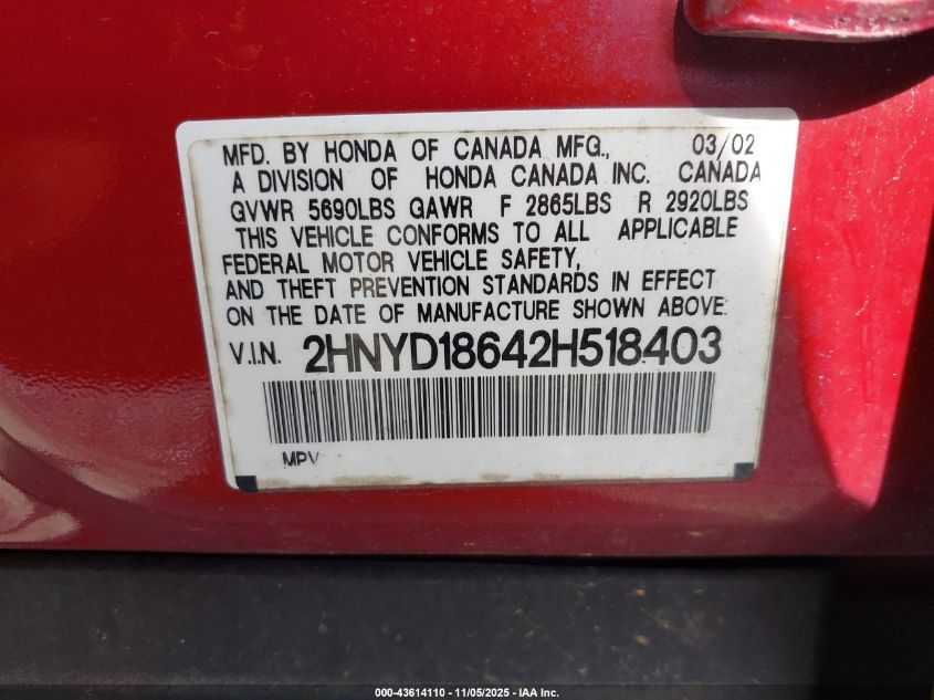 2002 Acura Mdx VIN: 2HNYD18642H518403 Lot: 43614110