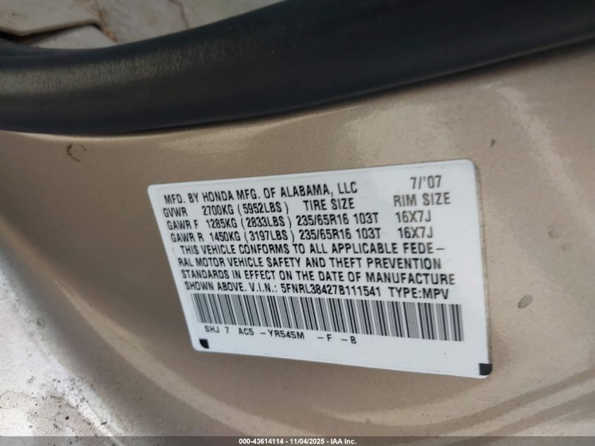 2007 Honda Odyssey Ex VIN: 5FNRL38427B111541 Lot: 43614114