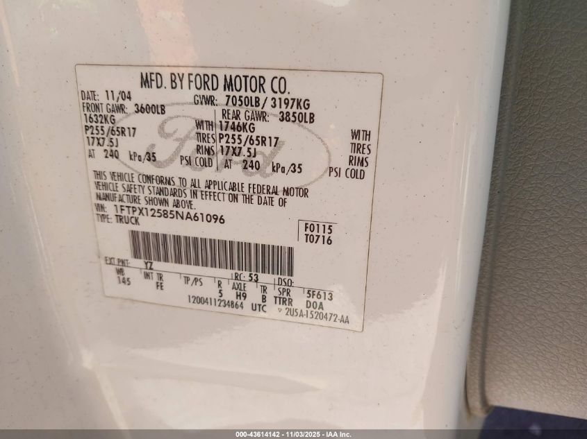 2005 Ford F-150 Lariat/Xl/Xlt VIN: 1FTPX12585NA61096 Lot: 43614142
