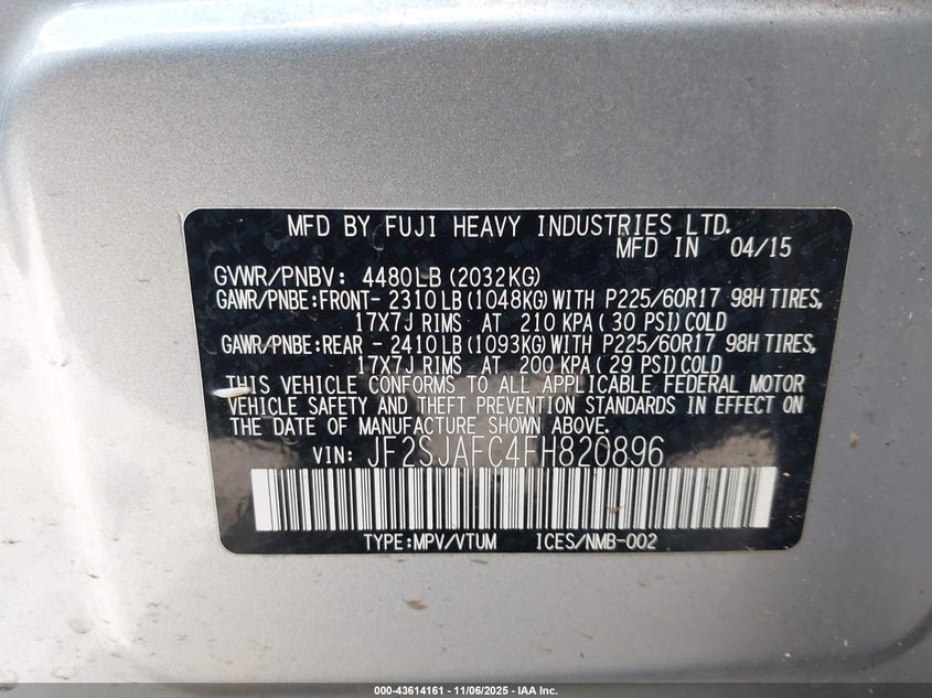 2015 SUBARU FORESTER 2.5I PREMIUM - JF2SJAFC4FH820896