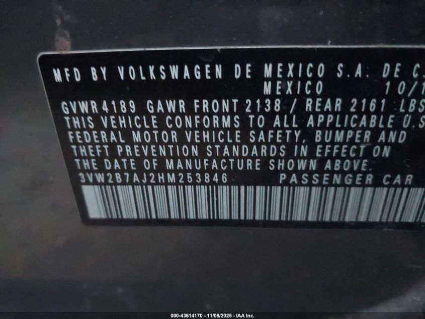 2017 Volkswagen Jetta 1.4T S VIN: 3VW2B7AJ2HM253846 Lot: 43614170