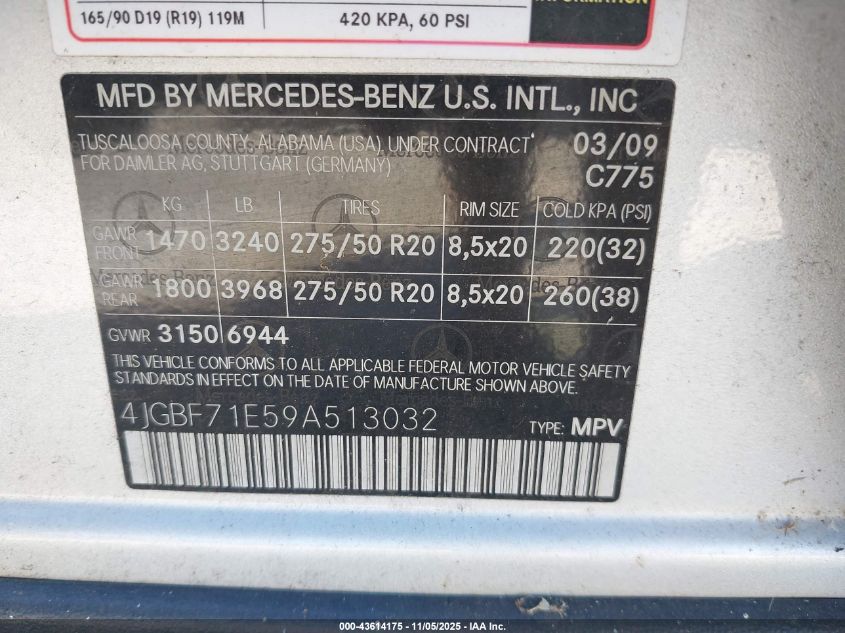 2009 Mercedes-Benz Gl 450 4Matic VIN: 4JGBF71E59A513032 Lot: 43614175