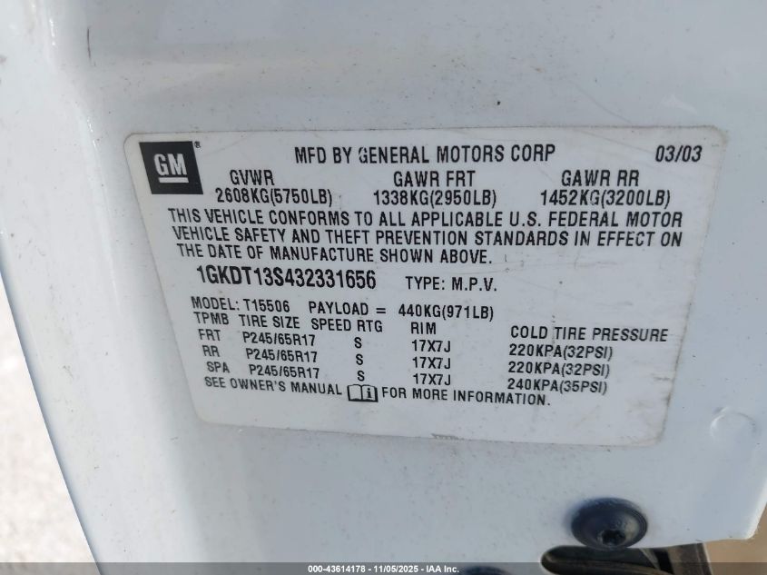 2003 GMC Envoy Slt VIN: 1GKDT13S432331656 Lot: 43614178