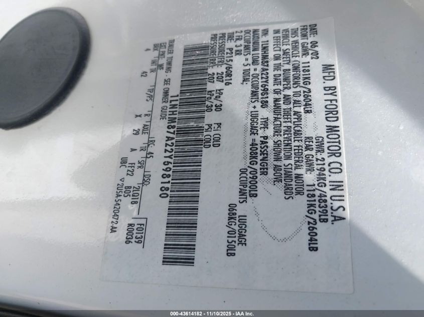 2002 Lincoln Ls V8 Auto VIN: 1LNHM87A22Y698180 Lot: 43614182