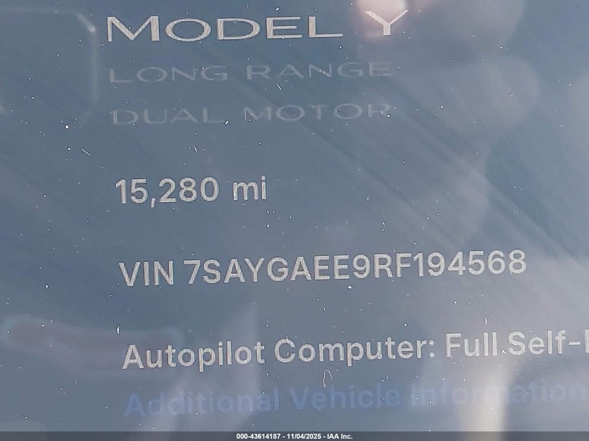 2024 Tesla Model Y Long Range Dual Motor All-Wheel Drive VIN: 7SAYGAEE9RF194568 Lot: 43614187
