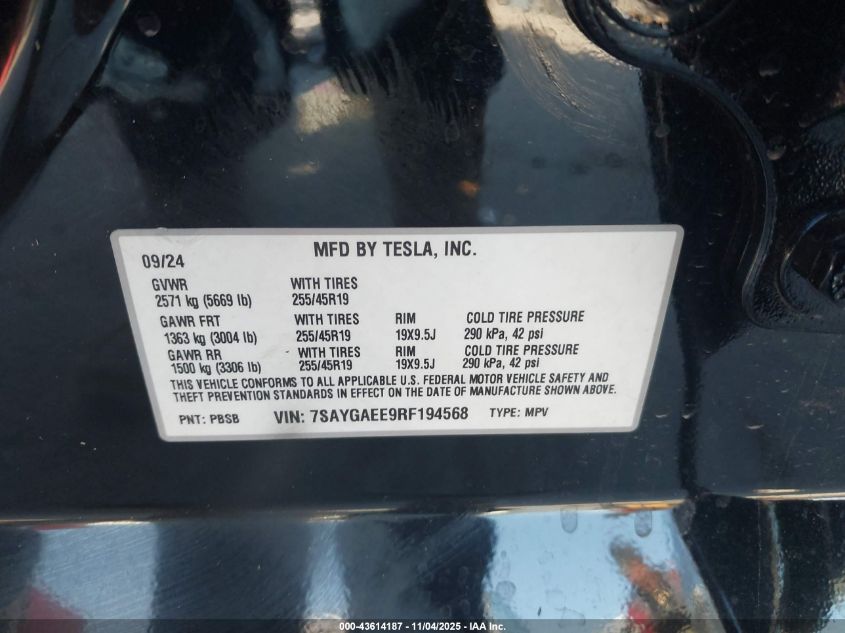 2024 Tesla Model Y Long Range Dual Motor All-Wheel Drive VIN: 7SAYGAEE9RF194568 Lot: 43614187