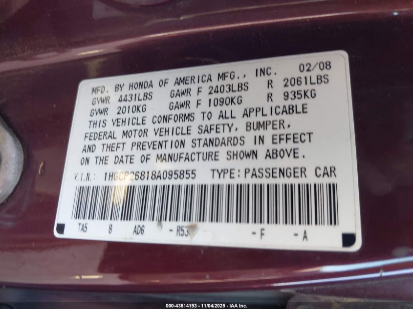 2008 Honda Accord 2.4 Ex-L VIN: 1HGCP26818A095855 Lot: 43614193