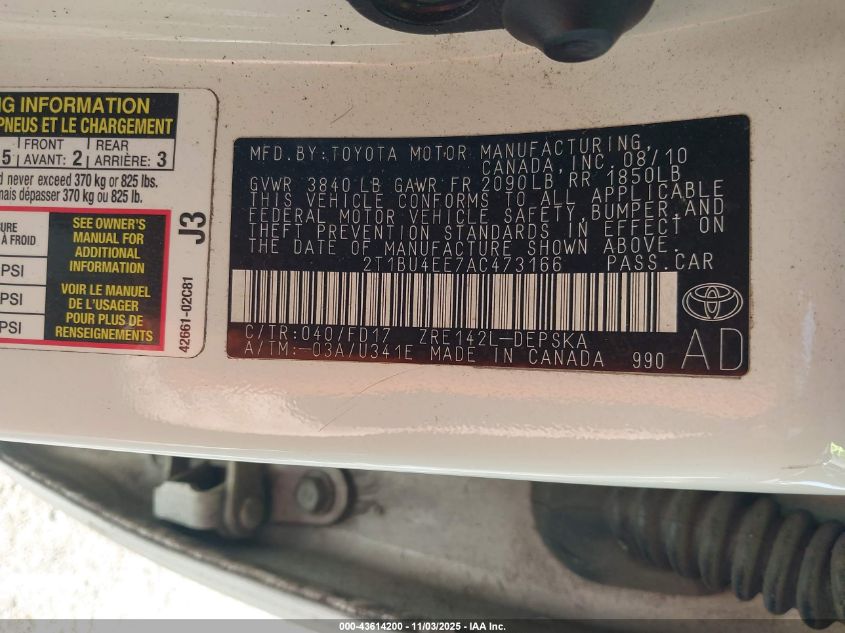 2010 Toyota Corolla S VIN: 2T1BU4EE7AC473166 Lot: 43614200