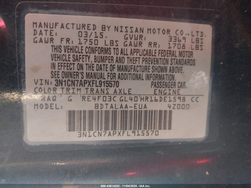 2015 NISSAN VERSA 1.6 S - 3N1CN7APXFL915570