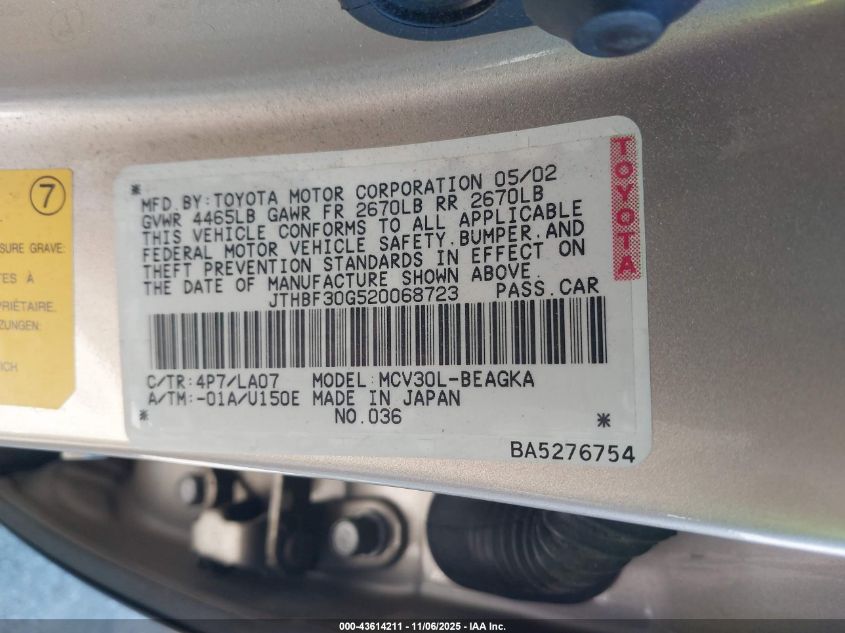 2002 Lexus Es 300 VIN: JTHBF30G520068723 Lot: 43614211