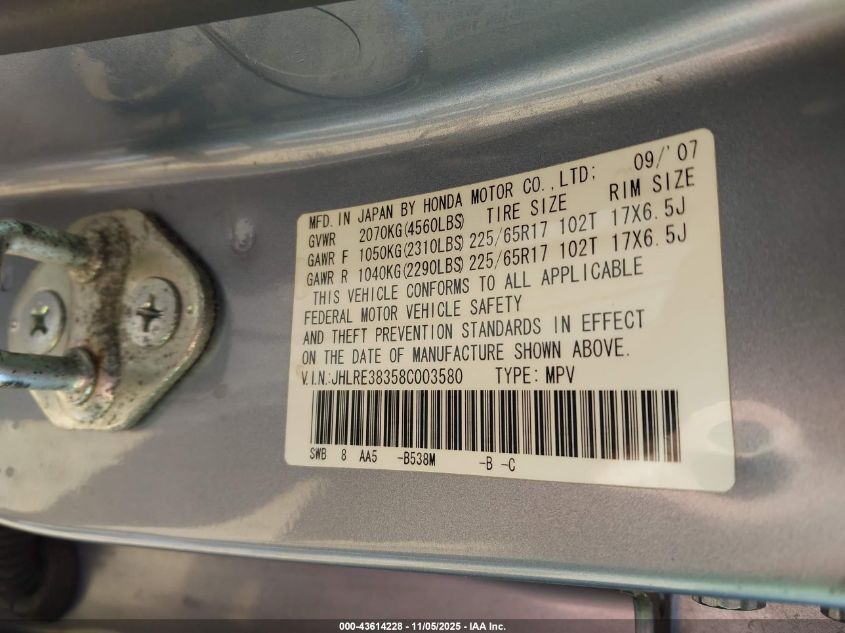 2008 Honda Cr-V Lx VIN: JHLRE38358C003580 Lot: 43614228