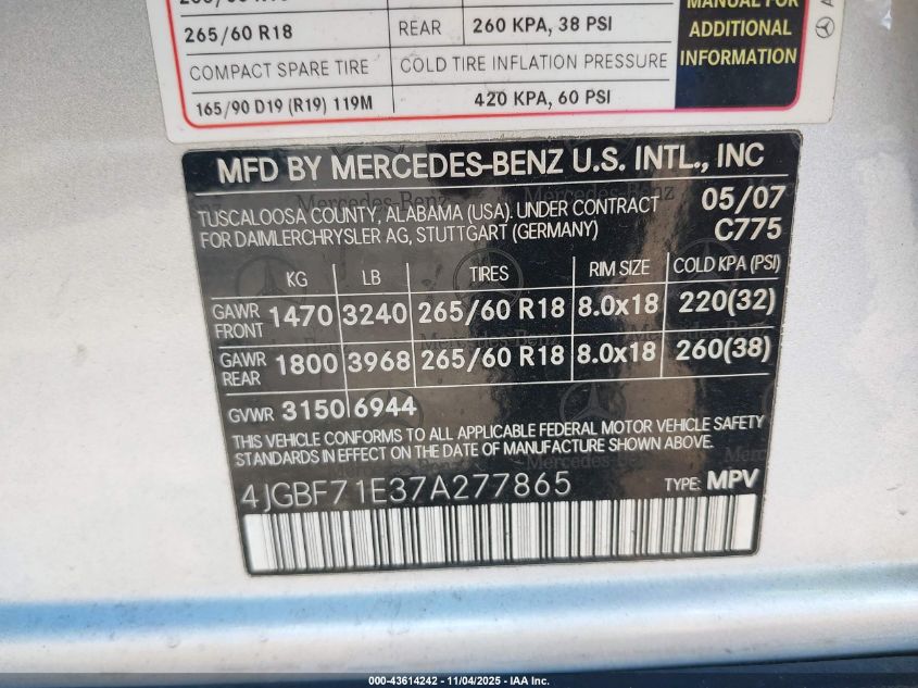 2007 Mercedes-Benz Gl 450 4Matic VIN: 4JGBF71E37A277865 Lot: 43614242