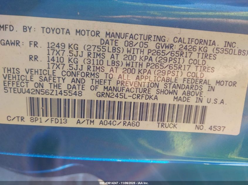 2006 Toyota Tacoma Base V6 VIN: 5TEUU42N56Z145548 Lot: 43614247