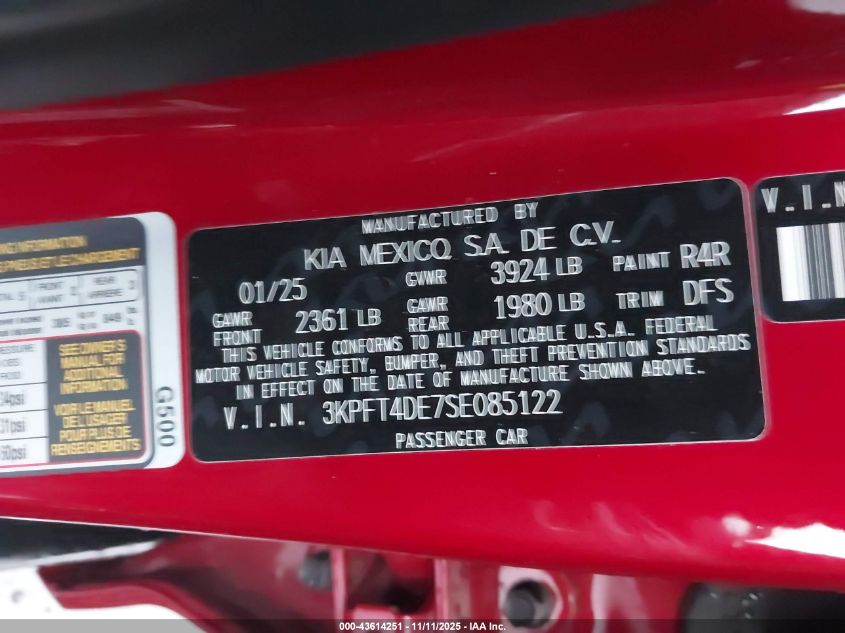 2025 Kia K4 Lxs VIN: 3KPFT4DE7SE085122 Lot: 43614251