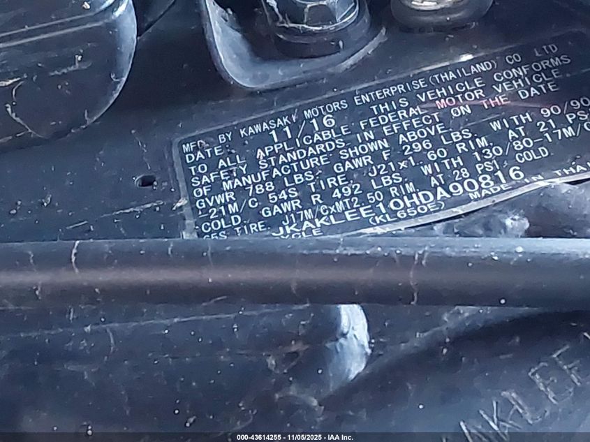 2017 Kawasaki Kl650 E VIN: JKAKLEE10HDA90816 Lot: 43614255