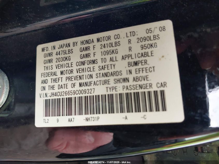 2009 Acura Tsx VIN: JH4CU26659C009327 Lot: 43614274