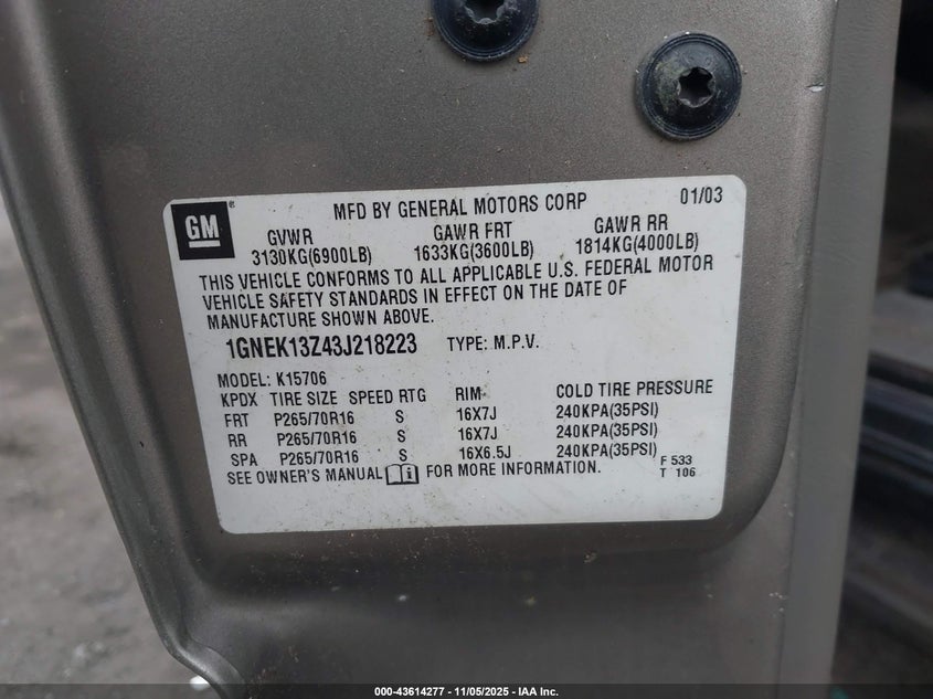 1GNEK13Z43J218223 2003 CHEVROLET TAHOE photo no. 9