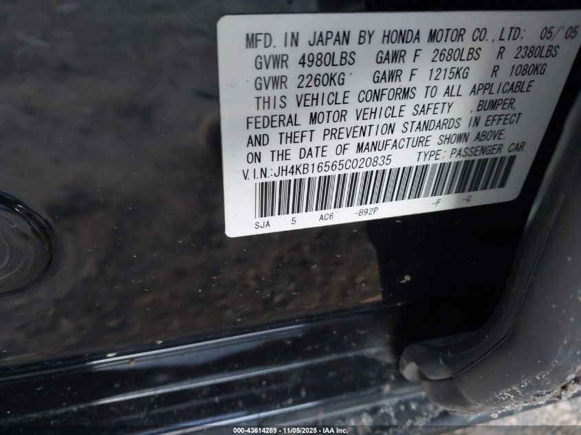 2005 Acura Rl 3.5 VIN: JH4KB16565C020835 Lot: 43614289