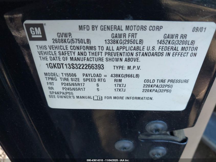 2002 GMC Envoy Slt VIN: 1GKDT13S322266393 Lot: 43614318