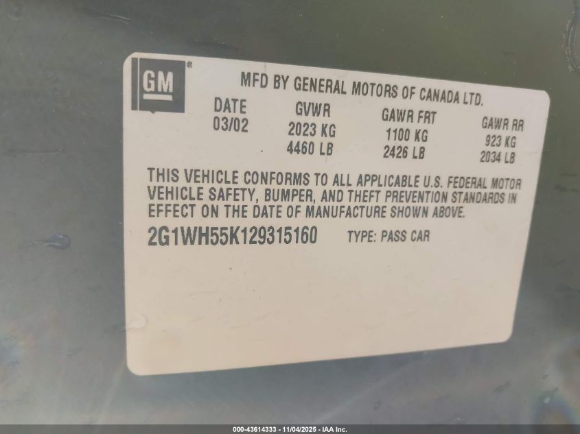 2002 Chevrolet Impala Ls VIN: 2G1WH55K129315160 Lot: 43614333