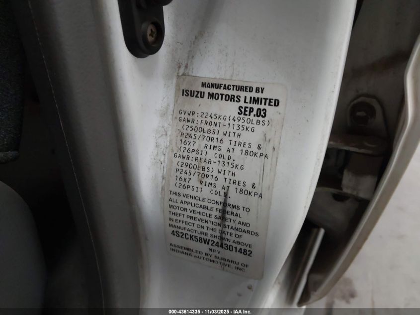 2004 Isuzu Rodeo S 3.2L V6 VIN: 4S2CK58W244301482 Lot: 43614335