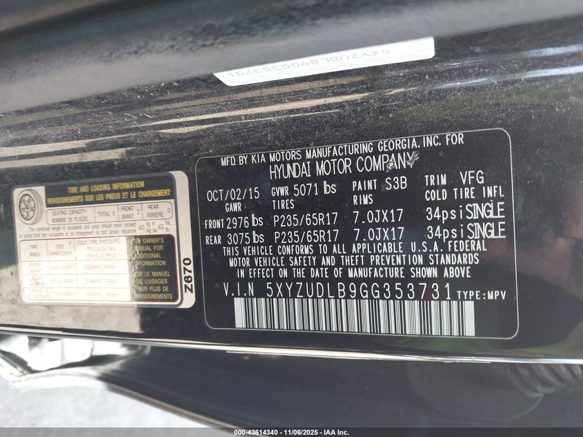 2016 HYUNDAI SANTA FE SPORT 2.4L 5XYZUDLB9GG353731