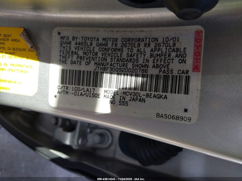 2002 Lexus Es 300 VIN: JTHBF30G920020786 Lot: 43614343