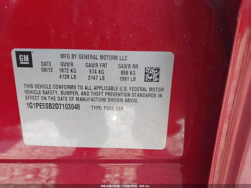 2013 CHEVROLET CRUZE 2LT AUTO 1G1PE5SB2D7103048