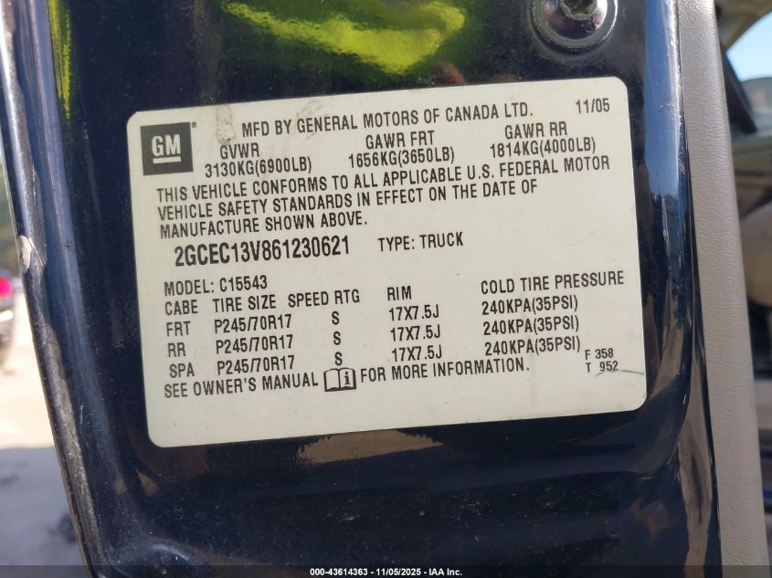 2006 Chevrolet Silverado 1500 Ls VIN: 2GCEC13V861230621 Lot: 43614363