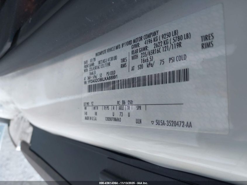 2020 Ford Transit-350 Passenger Van Xl VIN: 1FDAX2C86LKA88991 Lot: 43614364