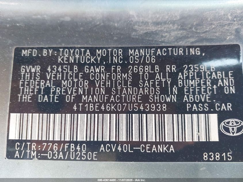 2007 Toyota Camry Le VIN: 4T1BE46K07U543938 Lot: 43614400