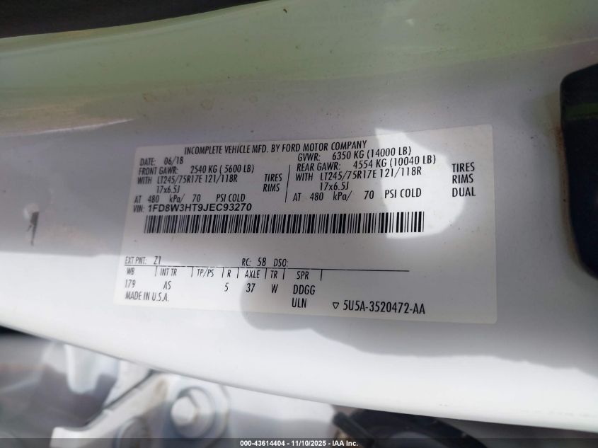2018 Ford F-350 Chassis Xl VIN: 1FD8W3HT9JEC93270 Lot: 43614404
