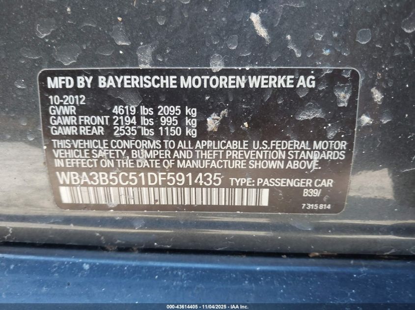 2013 BMW 328I xDrive VIN: WBA3B5C51DF591435 Lot: 43614405